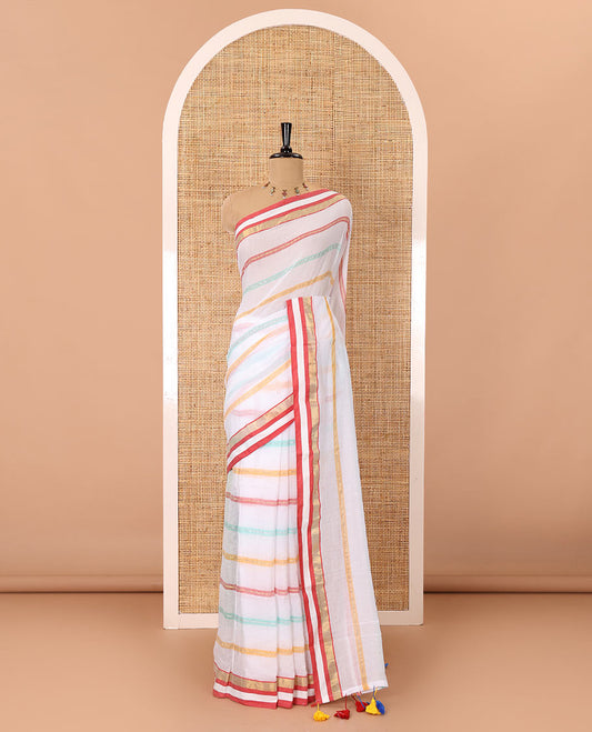 White horizontal multi-colored striped Khadi mul cotton saree, contrast satin gold zari piping border, striped pallu, and a matching blouse