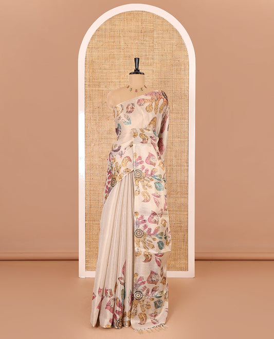 Borderless cream base multi-color abstract floral printed tissue saree, abstract printed pallu and a matching motifs printed blouse