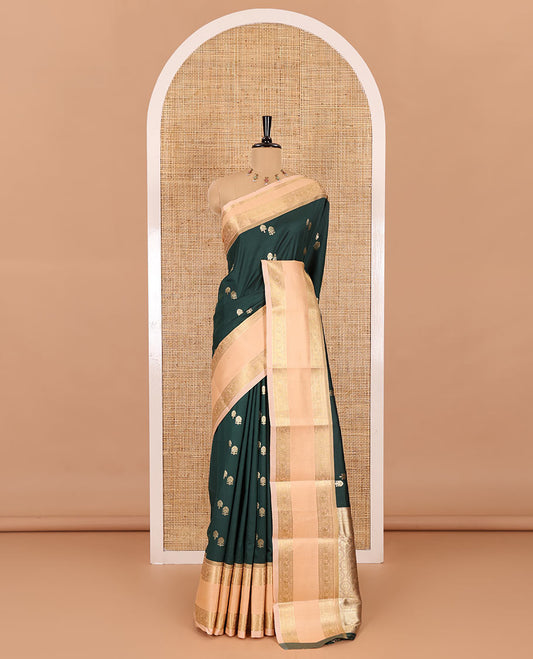 Bottle green buttas soft silk saree , contrast peacock and mango zari weaving border , contrast weaving rich pallu and contrast Blouse