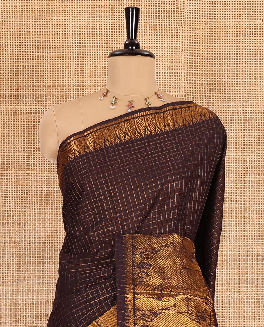 Brown zari checked sungudi cotton saree, temple traditional zari border, zari striped pallu, and a contrast veldhari design woven blouse