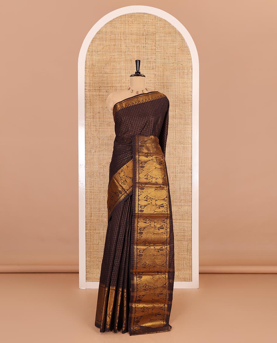 Brown zari checked sungudi cotton saree, temple traditional zari border, zari striped pallu, and a contrast veldhari design woven blouse