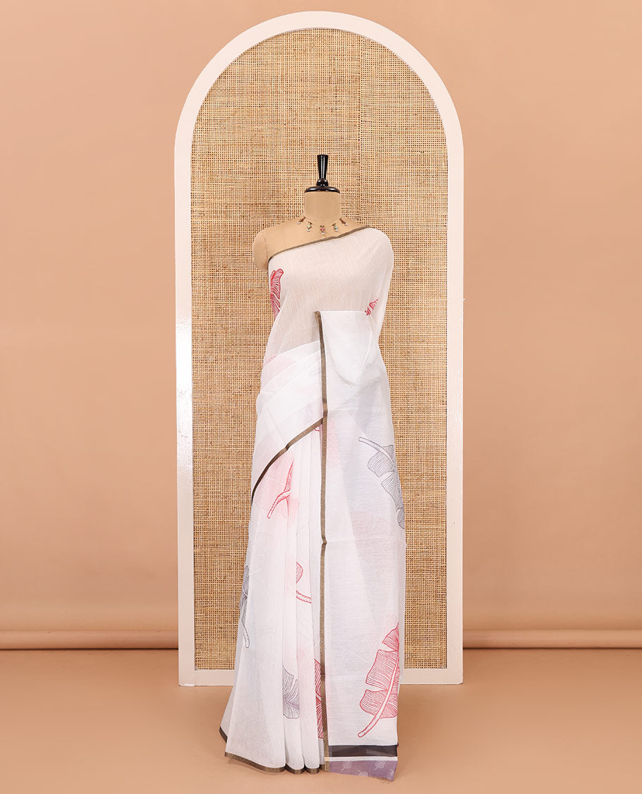Borderless white big banana leaf motifs printed chanderi cotton saree, printed pallu, and contrast printed blouse
