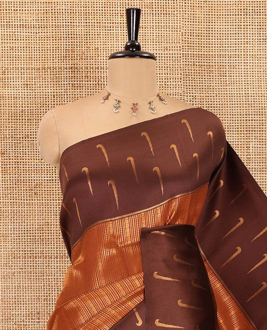 Rust orange-brown zari jacquard kanchi silk saree, contrast muniya motifs border, jaal pallu, and a jacquard blouse