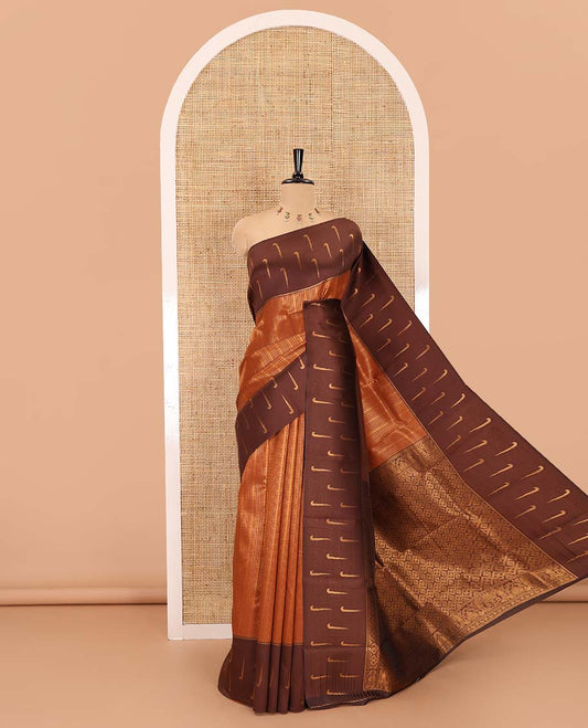 Rust orange-brown zari jacquard kanchi silk saree, contrast muniya motifs border, jaal pallu, and a jacquard blouse