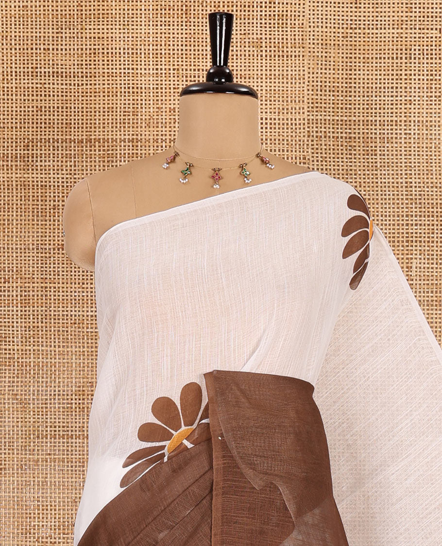 Borderless white-Brown 2D-style daisy floral printed linen cotton saree, daisy floral printed pallu, and daisy floral printed blouse
