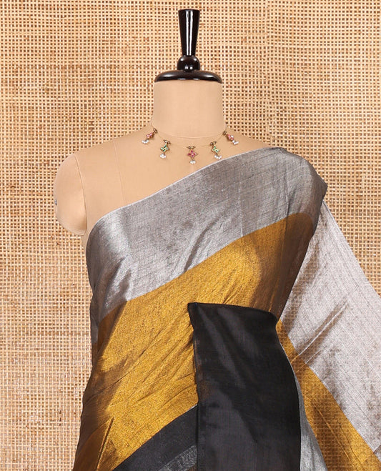 Gold plain khadi tissue cotton saree, golden and silver color plain border, plain pallu, and a matching blouse