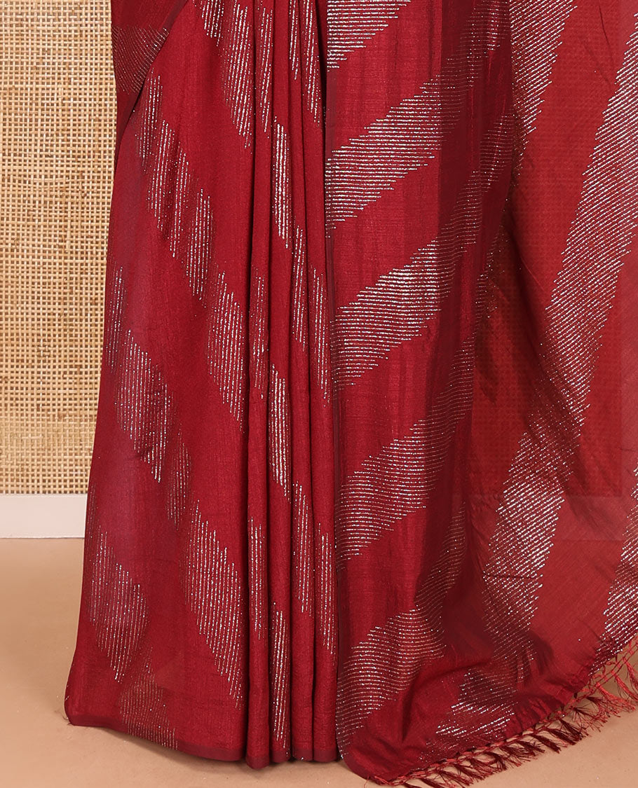 Borderless maroon leheriya-striped foil-printed Vichitra silk saree with a self pallu and no blouse