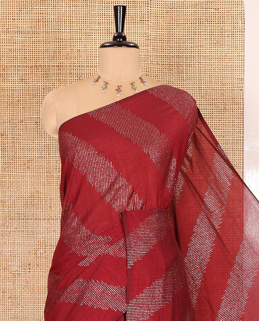 Borderless maroon leheriya-striped foil-printed Vichitra silk saree with a self pallu and no blouse