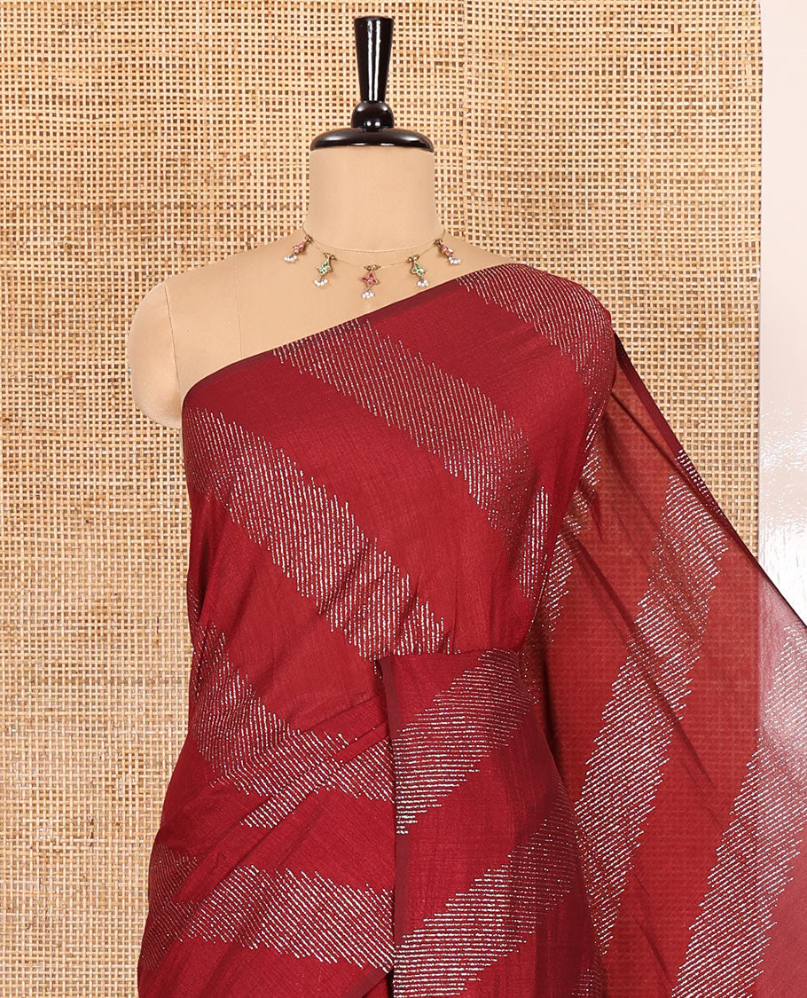 Borderless maroon leheriya-striped foil-printed Vichitra silk saree with a self pallu and no blouse