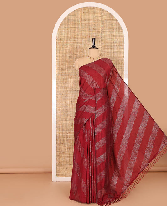 Borderless maroon leheriya-striped foil-printed Vichitra silk saree with a self pallu and no blouse