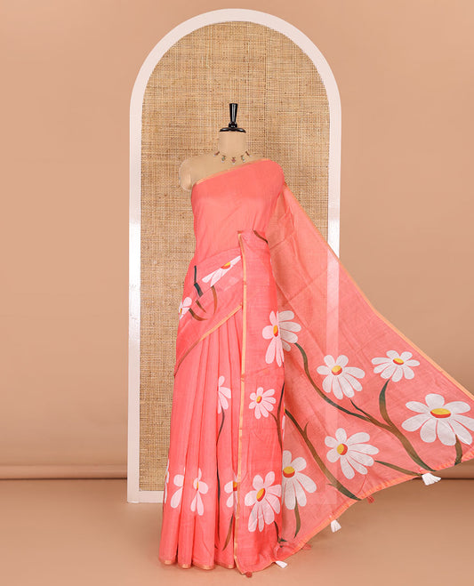 Borderless pink floral design chanderi cotton saree , floral vine printed pallu and small floral printed blouse