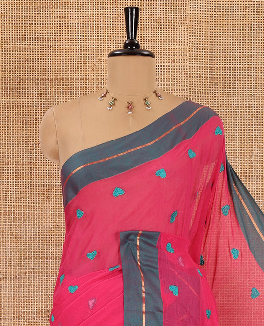 Pink heart motif thread-embroidered khadi mul cotton saree, contrast zari striped border, self-pallu with tassels, and a plain blouse