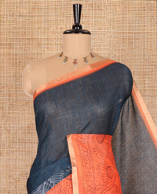 Blue plain with swan motifs printed linen cotton saree, contrast floral creeper printed border, swan motifs printed pallu, and plain blouse