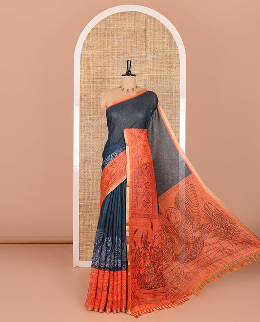Blue plain with swan motifs printed linen cotton saree, contrast floral creeper printed border, swan motifs printed pallu, and plain blouse