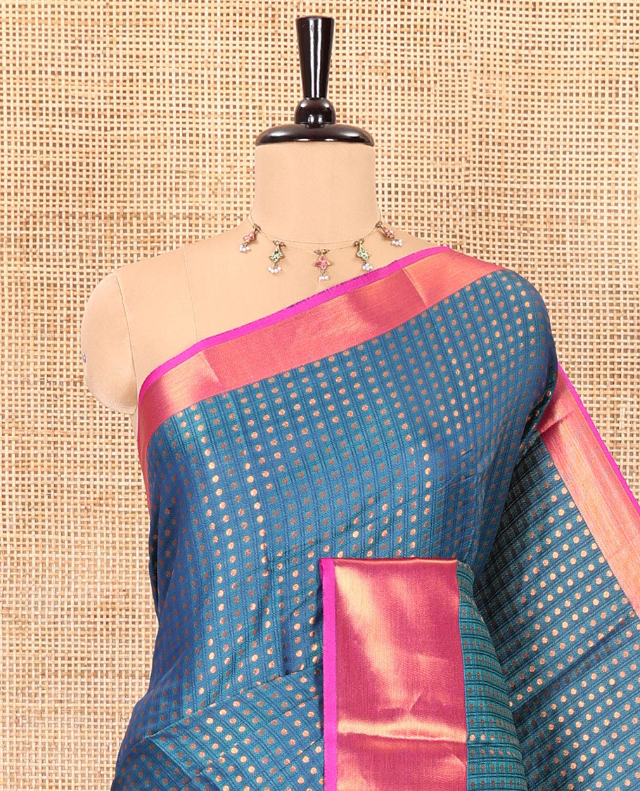 Blue zari buttas semi-soft silk saree, contrast plain zari border, contrast zari buttas steeped pallu, and a contrast zari design blouse