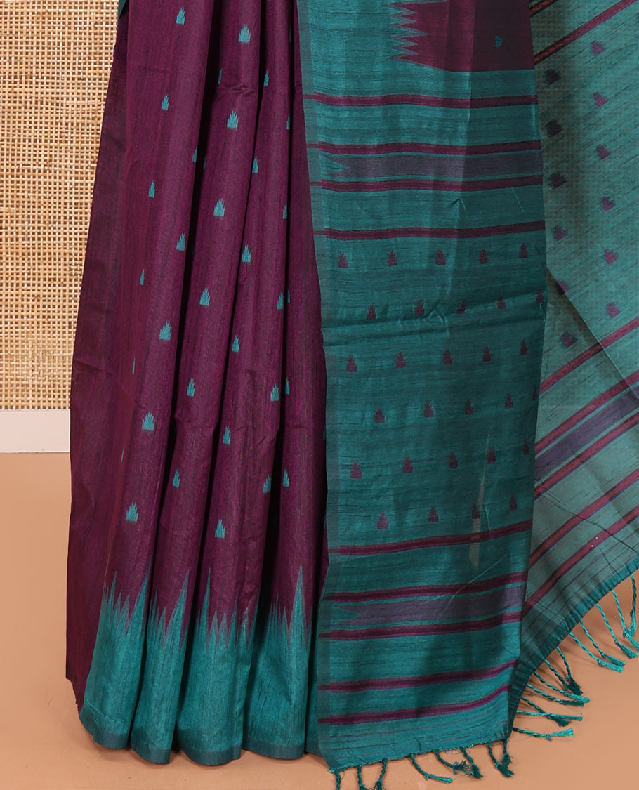 Purple buttas semi-jute saree with contrast temple border, thread striped pallu, and a contrast thread buttas blouse