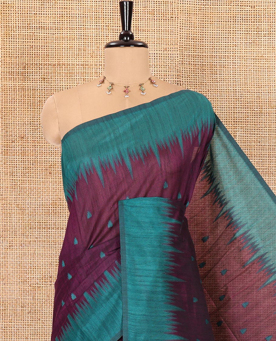 Purple buttas semi-jute saree with contrast temple border, thread striped pallu, and a contrast thread buttas blouse