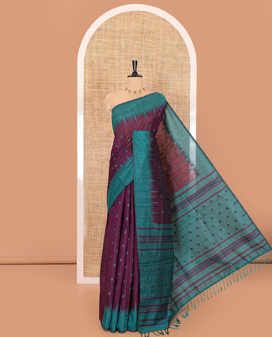 Purple buttas semi-jute saree with contrast temple border, thread striped pallu, and a contrast thread buttas blouse
