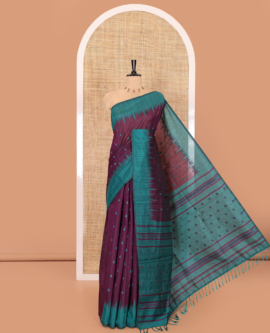 Purple buttas semi-jute saree with contrast temple border, thread striped pallu, and a contrast thread buttas blouse
