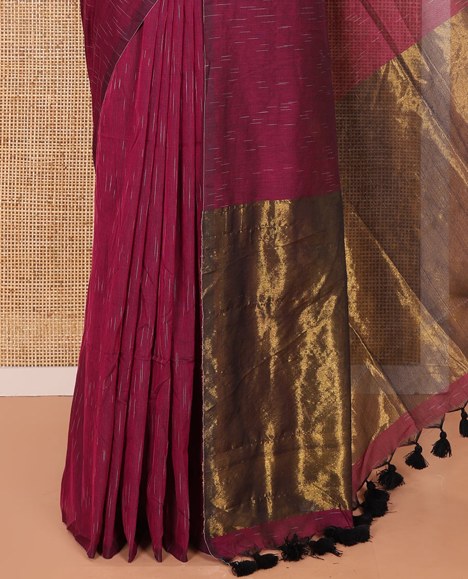 Borderless Purple Khadi Mul Cotton Saree Decked with Jharna-Style Waterdrop Motifs, Featuring a Gleaming Zari-Woven Pallu, Paired with a Matching Blouse Replicating the Body Motifs