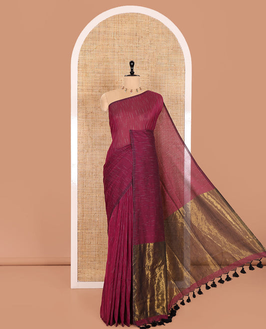 Borderless Purple Khadi Mul Cotton Saree Decked with Jharna-Style Waterdrop Motifs, Featuring a Gleaming Zari-Woven Pallu, Paired with a Matching Blouse Replicating the Body Motifs