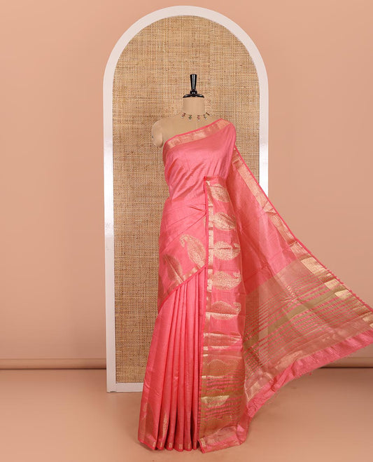 Light Pink Plain Semi-Tussar Saree Artfully Detailed with a Self Border Featuring Floral and Paisley Zari Weave, Adorned with a Zari-Striped Pallu, Paired with a Matching Zari-Woven Blouse