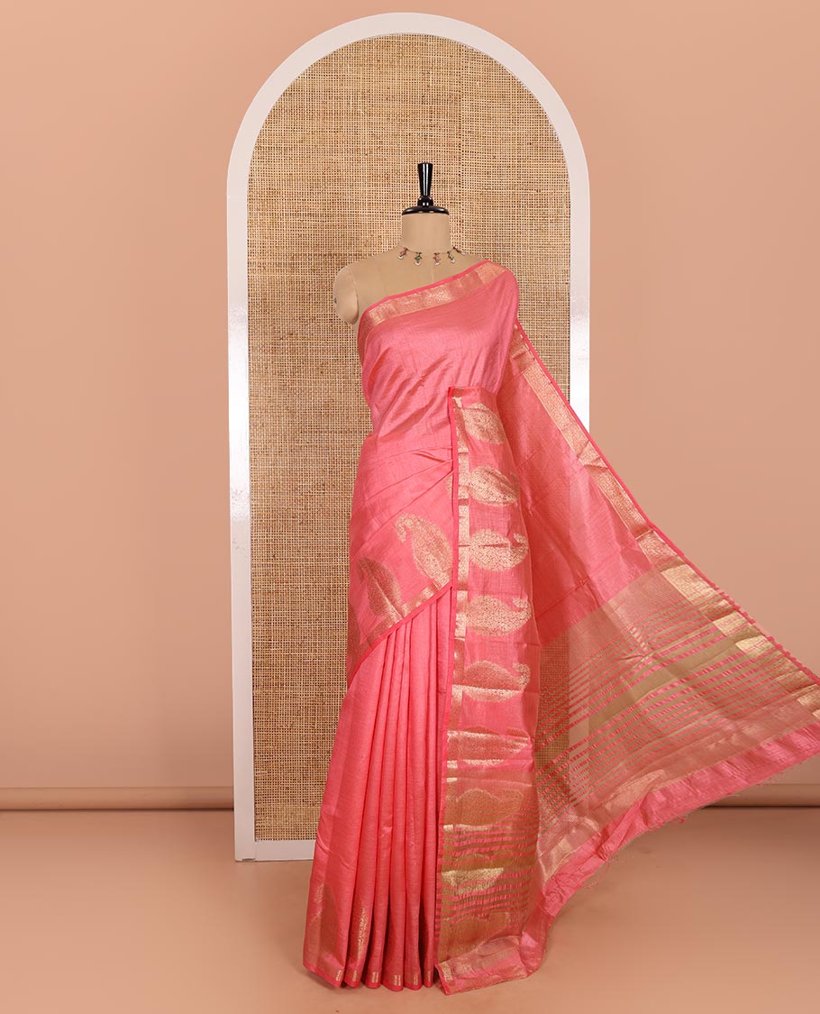 Light Pink Plain Semi-Tussar Saree Artfully Detailed with a Self Border Featuring Floral and Paisley Zari Weave, Adorned with a Zari-Striped Pallu, Paired with a Matching Zari-Woven Blouse
