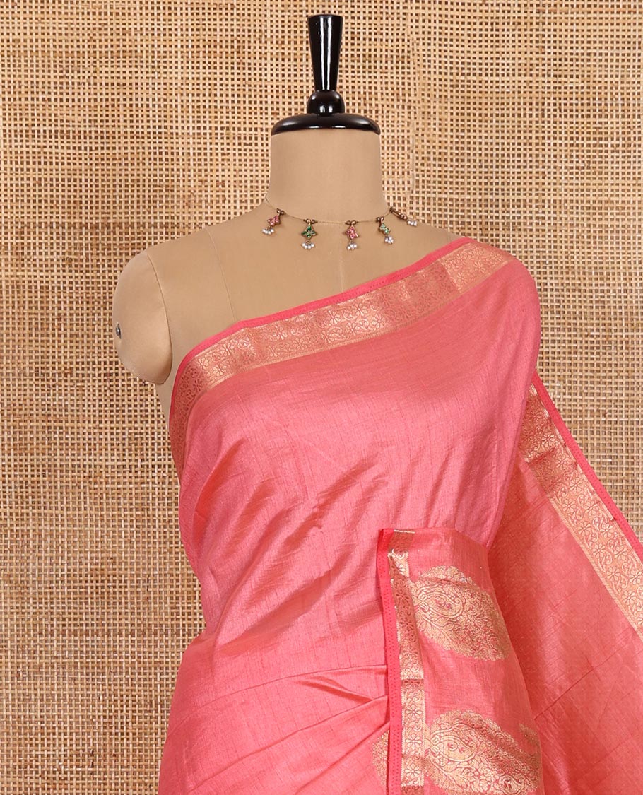 Light Pink Plain Semi-Tussar Saree Artfully Detailed with a Self Border Featuring Floral and Paisley Zari Weave, Adorned with a Zari-Striped Pallu, Paired with a Matching Zari-Woven Blouse