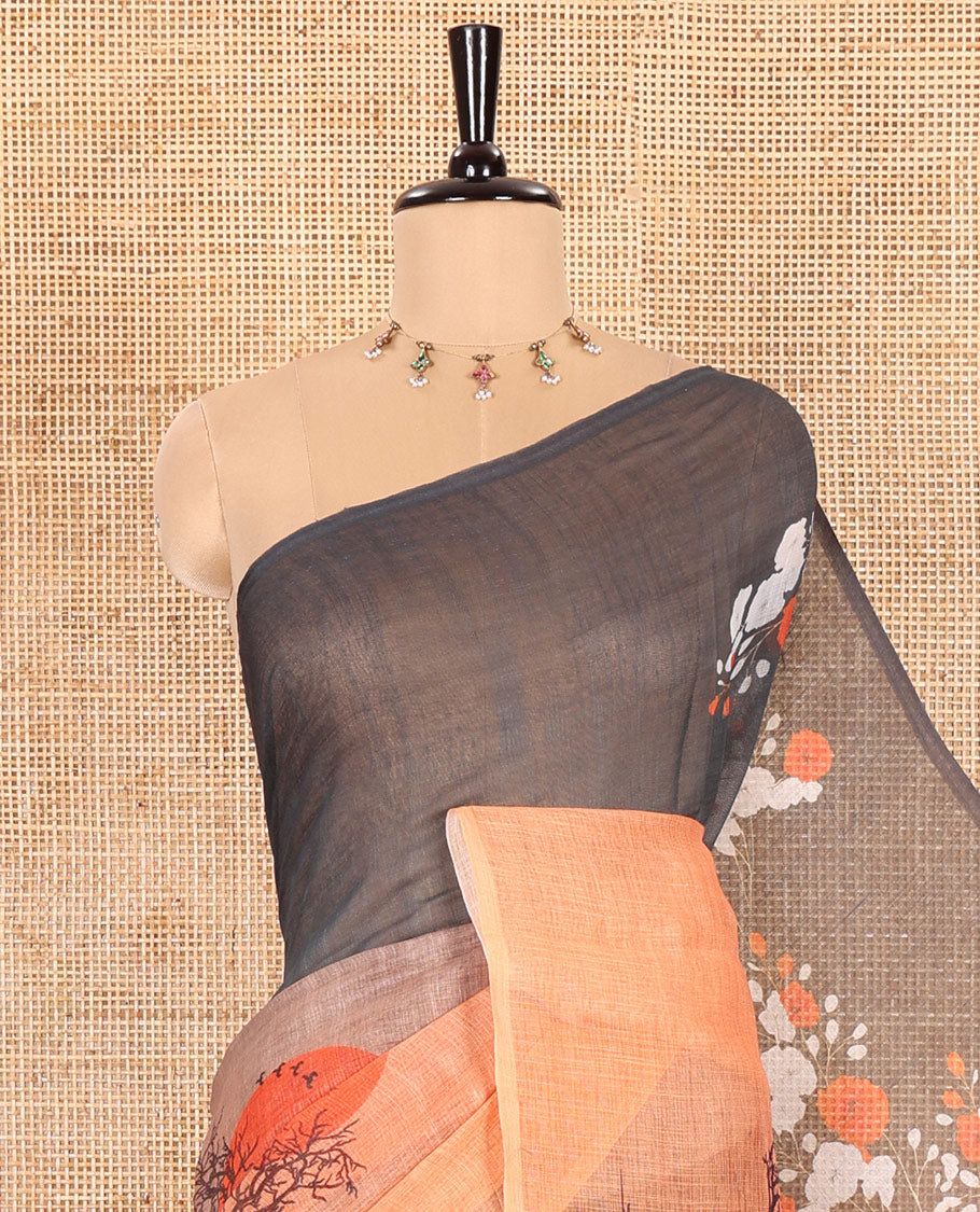 Borderless Orange Linen Cotton Saree Adorned with Nature-Theme Print Featuring the Sun, Trees, and Birds All Over the Saree, Paired with a Striped Blouse