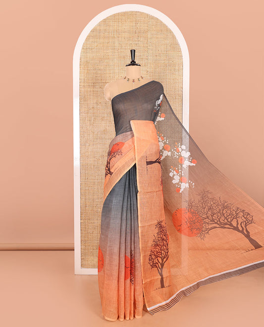 Borderless Orange Linen Cotton Saree Adorned with Nature-Theme Print Featuring the Sun, Trees, and Birds All Over the Saree, Paired with a Striped Blouse