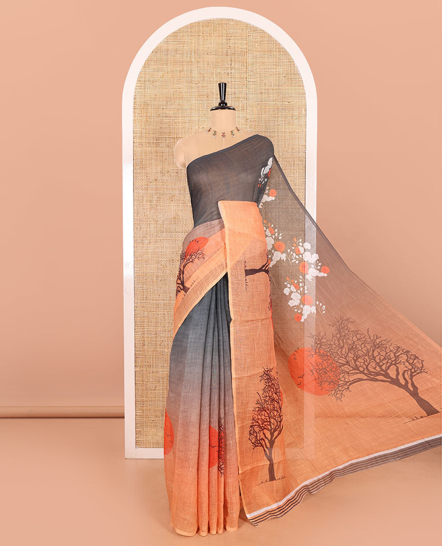 Borderless Orange Linen Cotton Saree Adorned with Nature-Theme Print Featuring the Sun, Trees, and Birds All Over the Saree, Paired with a Striped Blouse