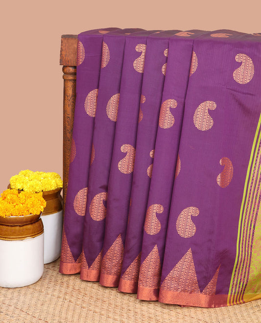 Wine screen print micro silk saree with saree with copper zari border & screen print pallu along with plain blouse