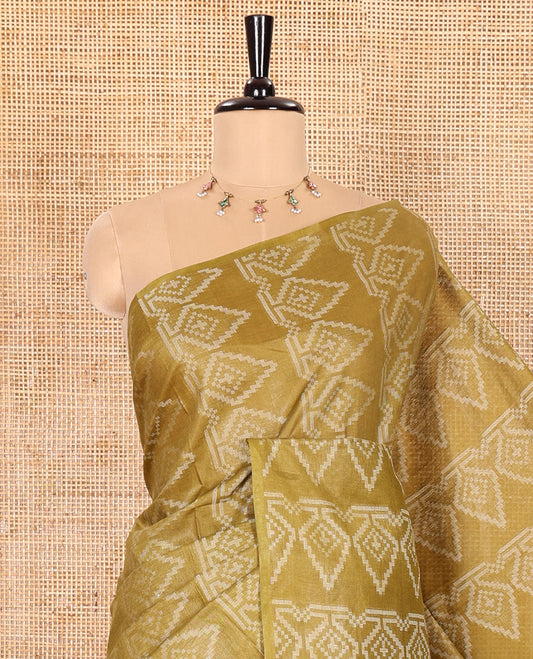 Borderless Mehenti Bhagalpur Cotton Saree Featuring Intricate Motifs in Resham Thread Weave, Pallu Adorned with Resham Thread Designs and Sequin Stripes, and Paired with a Plain Matching Blouse