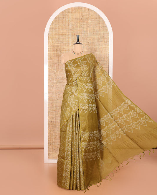 Borderless Mehenti Bhagalpur Cotton Saree Featuring Intricate Motifs in Resham Thread Weave, Pallu Adorned with Resham Thread Designs and Sequin Stripes, and Paired with a Plain Matching Blouse
