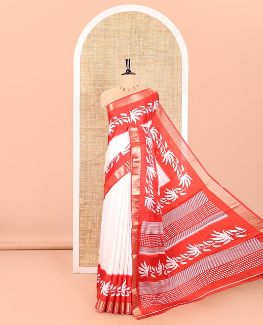 Half-White Plain Dola Silk Saree Accentuated with Contrast Border of Leaf Vines Print and Zari Work, Pallu of Floral and Geometric Print, and Paired with a Contrast Blouse