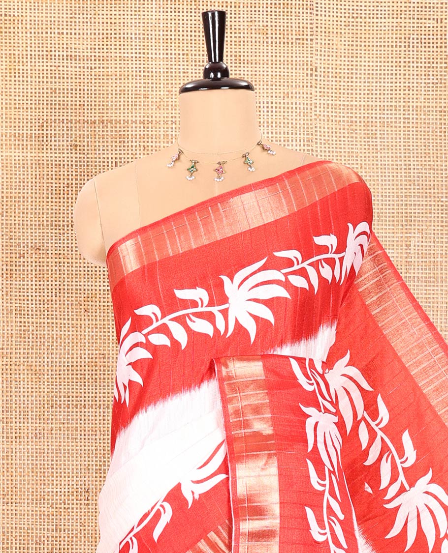 Off-White Plain Dola Silk Saree Accentuated with Contrast Border of Leaf Vines Print and Zari Work, Pallu of Floral and Geometric Print, and Paired with a Contrast Blouse