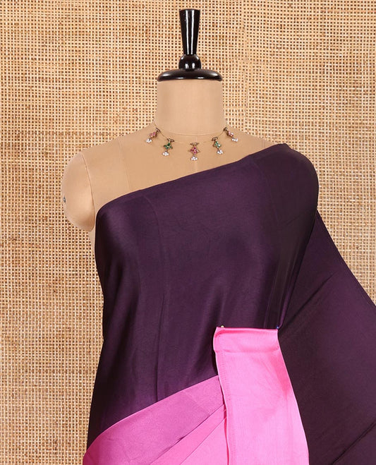 Borderless Pink and Violet Satin Crepe Saree Adorned with Ombre-Style Tri-Colors and Paired with a Matching Blouse