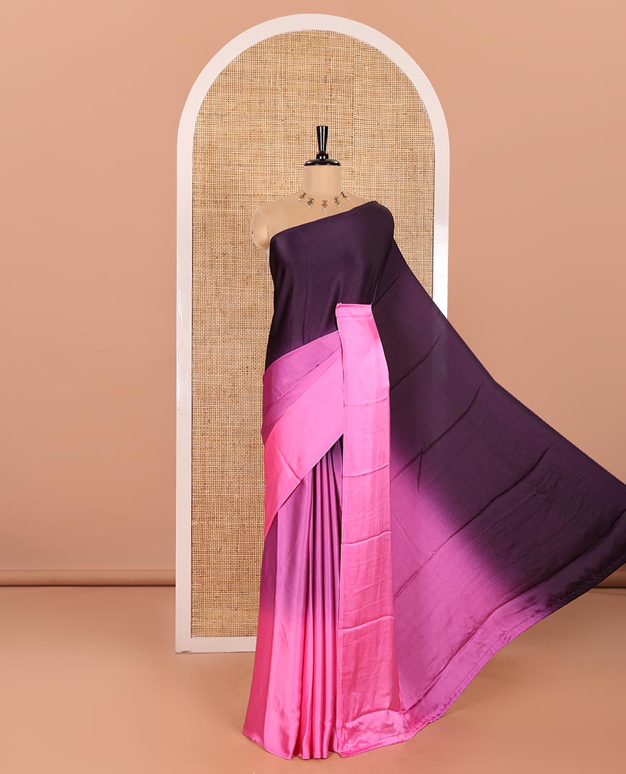Borderless Pink and Violet Satin Crepe Saree Adorned with Ombre-Style Tri-Colors and Paired with a Matching Blouse
