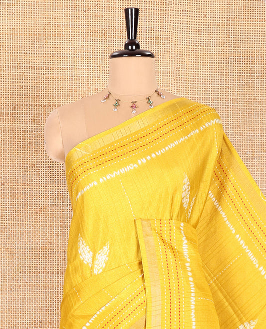 Yellow Dola Tussar Saree Decked with Shibori-Style Leaf Motifs Printed All Over Its Body, Subtly Made Zari Piping Border of Kanta Work, Complemented by Contrast Pallu of Shibori-Style Leaf Print, and Paired with Contrast Blouse