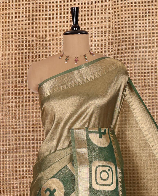 Green Plain Tissue Saree, Highlighted with a Gleaming Zari Border of Instagram and Facebook Icon Weave, Scintillating Pallu, and Paired with a Contrast Plain Blouse