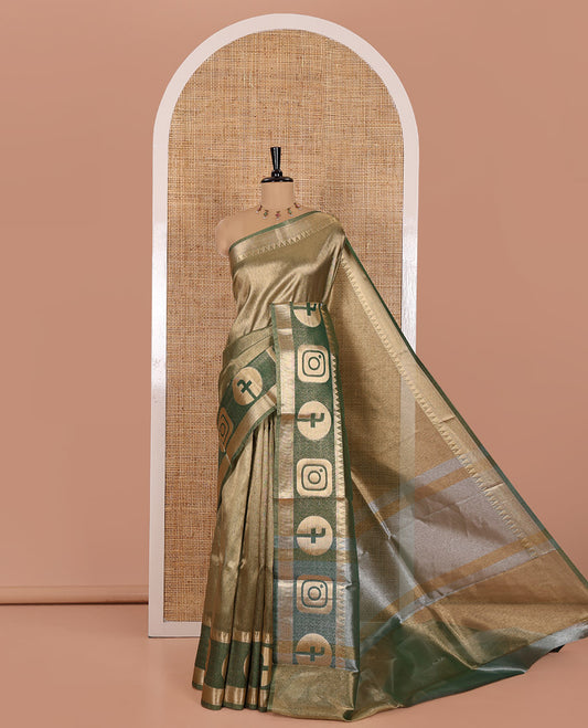 Green Plain Tissue Saree, Highlighted with a Gleaming Zari Border of Instagram and Facebook Icon Weave, Scintillating Pallu, and Paired with a Contrast Plain Blouse