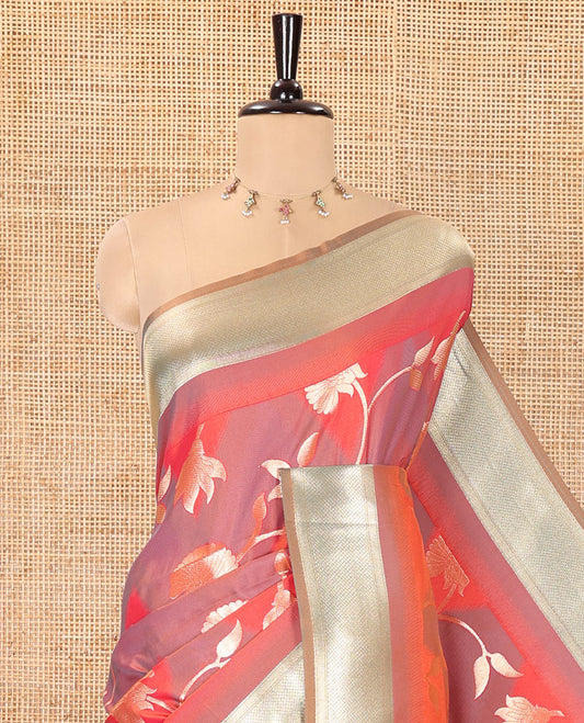Pink Mulberry Soft Silk Saree, Enriched with Zig-Zag Stripes and Floral Jaal Design on Its Body, Highlighted by a Zari-Decked-Up Border, Pallu Features an Ikkat Design Weave, and Paired with a Blouse