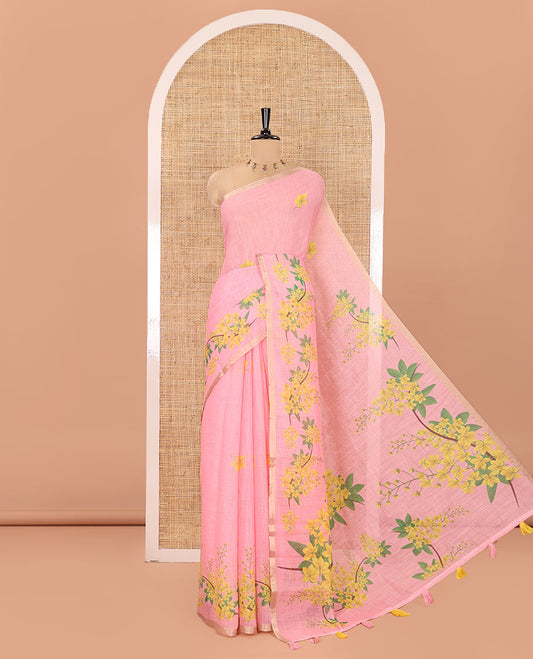 Pink Linen Saree, Enthralled with Averrhoa Carambola-Style Floral Motifs Print, Subtle Piping Border, Pallu Mirrors the Same Print, and Paired with a Matching Blouse