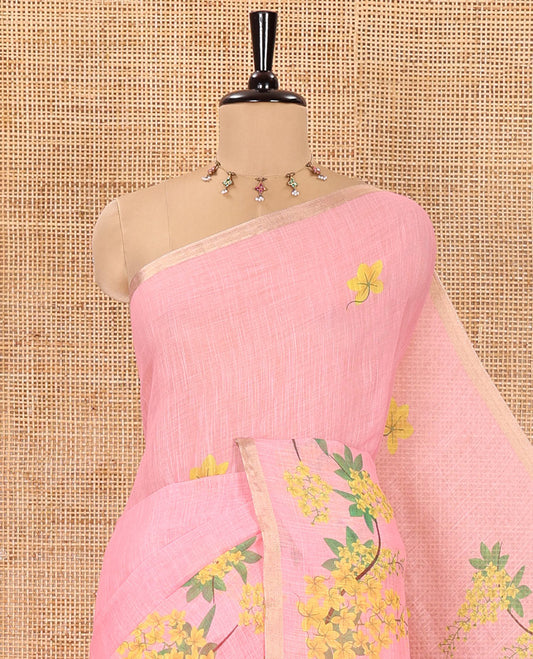 Pink Linen Saree, Enthralled with Averrhoa Carambola-Style Floral Motifs Print, Subtle Piping Border, Pallu Mirrors the Same Print, and Paired with a Matching Blouse