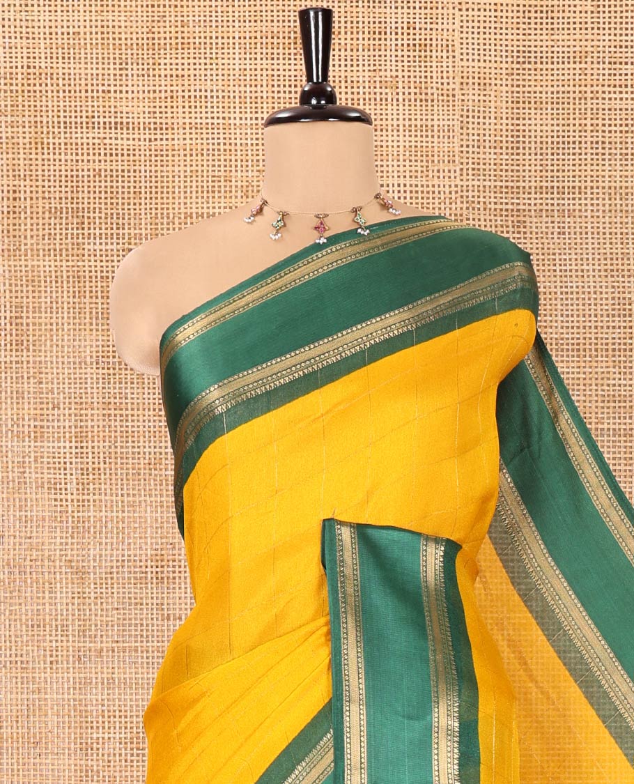 Yellow Moss Chiffon Saree, Subtly Sparkled with Checked Design on Its Body, Complemented by a Contrast Rettai Pettu Traditional Zari Border, Striped Pallu, and Paired with a Contrast Blouse