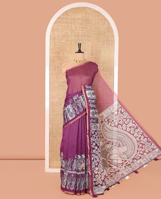 Purple Chanderi Cotton Saree, Adorned with Kalamkari-Style Ancient Human Figurines Printed on Its Body, Subtle Zari Piping Border, Pallu Depicting Kalamkari Peacocks, and Paired with a Matching Blouse
