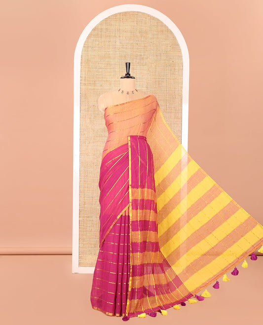 Orange and Pink Khadi Mul Cotton Saree, Decked Up with Horizontal Zari Stripes on Its Body, Zari Piping Border, Subtly Striped Pallu, and Paired with a Contrast Blouse