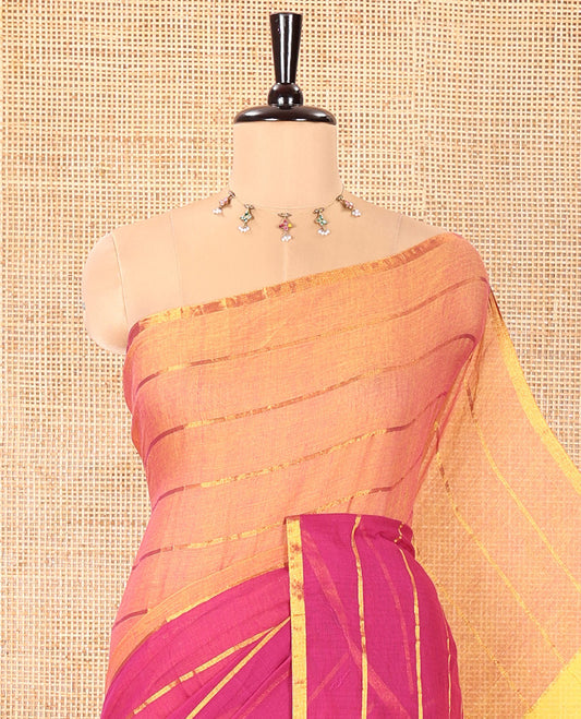 Orange and Pink Khadi Mul Cotton Saree, Decked Up with Horizontal Zari Stripes on Its Body, Zari Piping Border, Subtly Striped Pallu, and Paired with a Contrast Blouse