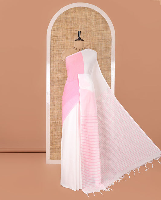 Borderless White and Candy Pink Plain Khadi Mul Cotton Saree, Self-Pallu Steeped with Stripes, and Paired with a Plain Blouse