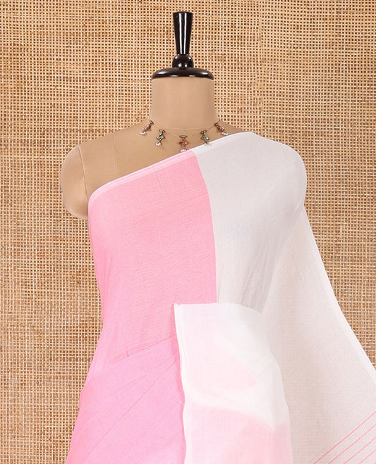 Borderless White and Candy Pink Plain Khadi Mul Cotton Saree, Self-Pallu Steeped with Stripes, and Paired with a Plain Blouse